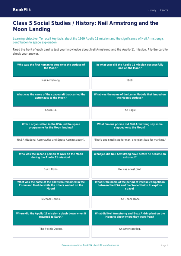 Neil Armstrong Flashcards for Class 5 | CBSE History | BookFlik worksheet preview — History Neil Armstrong