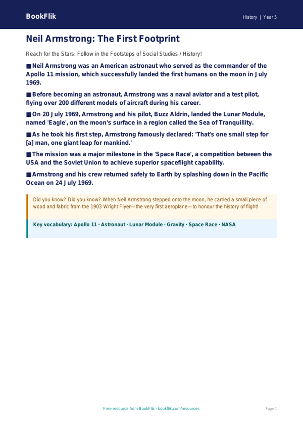 Neil Armstrong: The First Man on the Moon | Class 5 History Resource | BookFlik worksheet preview — History Neil Armstrong