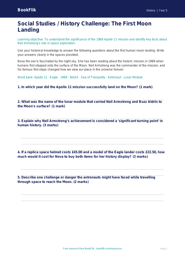 Free Neil Armstrong Worksheet | Class 5 | Social Studies / History | BookFlik worksheet preview — History Neil Armstrong