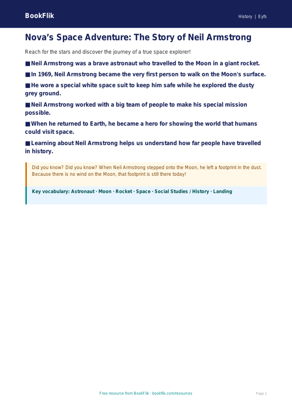 Free Neil Armstrong Poster | Nursery / LKG | Social Studies / History | BookFlik worksheet preview — History Neil Armstrong