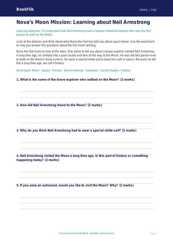 Free Neil Armstrong Worksheet | Nursery / LKG | Social Studies / History | BookFlik worksheet preview — History Neil Armstrong