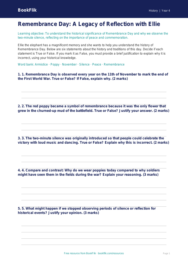 Free Remembrance Day Activity Sheet | Class 4 | Social Studies / History | BookFlik worksheet preview — History Remembrance Day