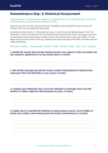 Free Remembrance Day Assessment | Class 4 | Social Studies / History | BookFlik