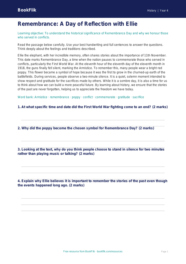 Remembrance Day Comprehension | Class 4 Social Studies | BookFlik worksheet preview — History Remembrance Day