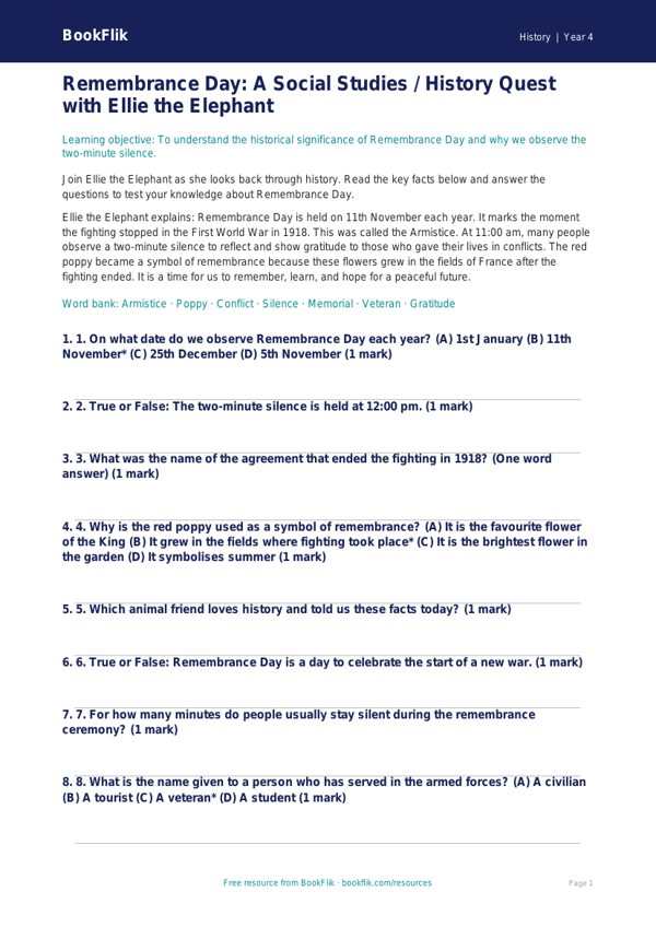 Remembrance Day Quiz for Class 4 | CBSE Social Studies | BookFlik worksheet preview — History Remembrance Day