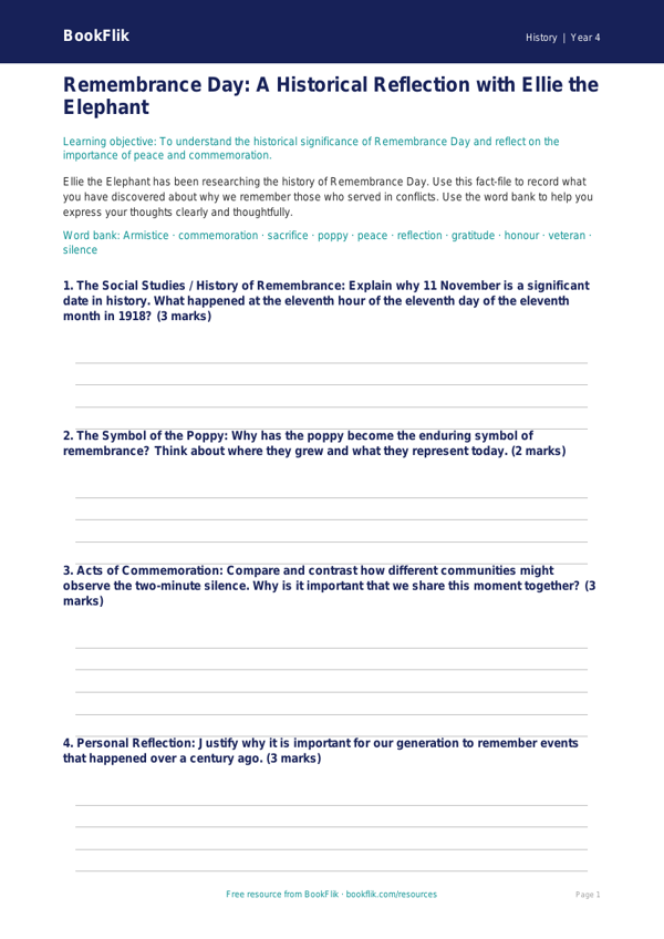 Free Remembrance Day Template | Class 4 | Social Studies / History | BookFlik worksheet preview — History Remembrance Day