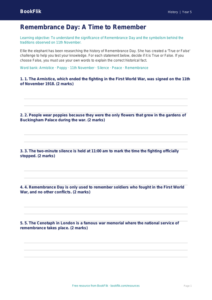 Free Remembrance Day Activity Sheet | Class 5 | Social Studies / History | BookFlik