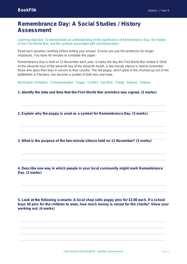 Remembrance Day Assessment for Class 5 | CBSE Social Studies | BookFlik worksheet preview — History Remembrance Day