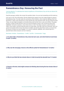 Free Remembrance Day Comprehension | Class 5 | Social Studies / History | BookFlik