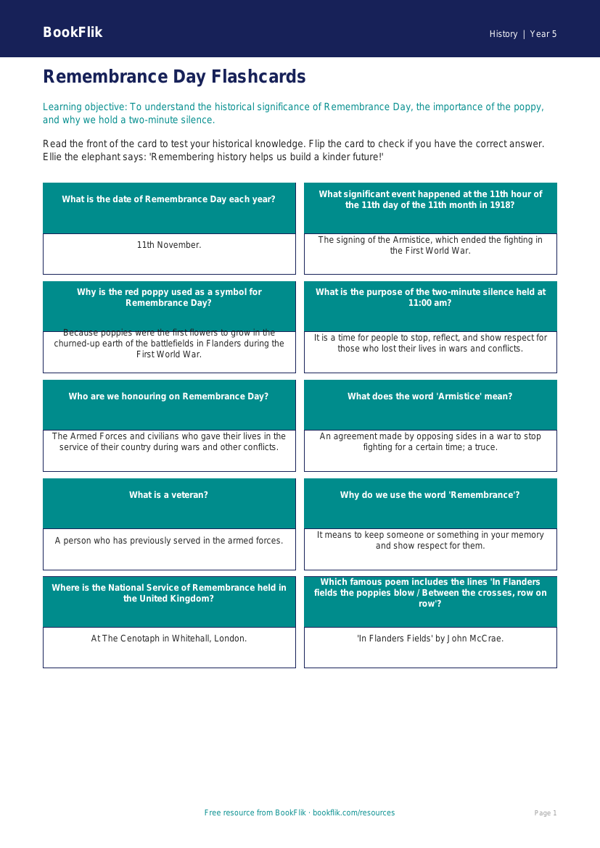Remembrance Day Flashcards for Class 5 | CBSE Social Studies | BookFlik worksheet preview — History Remembrance Day