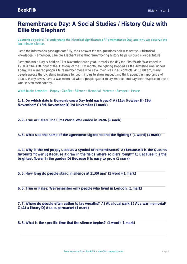 Free Remembrance Day Quiz | Class 5 | Social Studies / History | BookFlik worksheet preview — History Remembrance Day