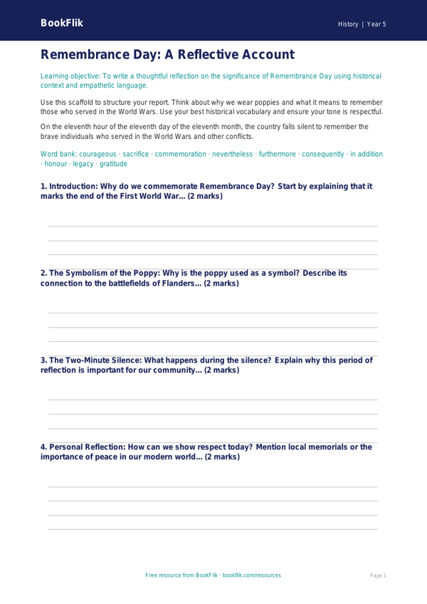 Free Remembrance Day Writing Frame | Class 5 | Social Studies / History | BookFlik worksheet preview — History Remembrance Day