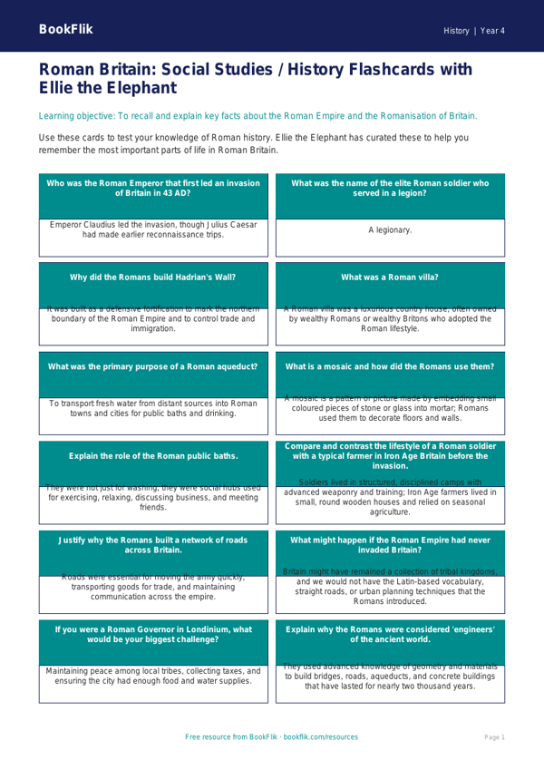 Free Romans Flashcards | Class 4 | Social Studies / History | BookFlik worksheet preview — History Romans