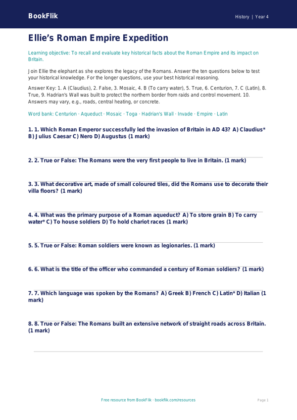 Romans Quiz for Class 4 | CBSE Social Studies | BookFlik worksheet preview — History Romans