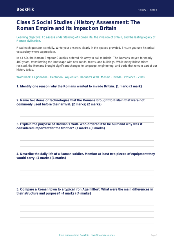 Free Romans Assessment | Class 5 | Social Studies / History | BookFlik worksheet preview — History Romans