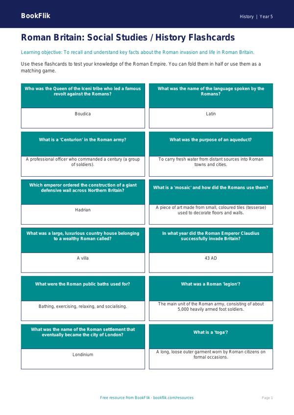 Free Romans Flashcards | Class 5 | Social Studies / History | BookFlik worksheet preview — History Romans