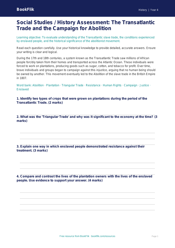 Free Slavery Assessment | Class 4 | Social Studies / History | BookFlik worksheet preview — History Slavery