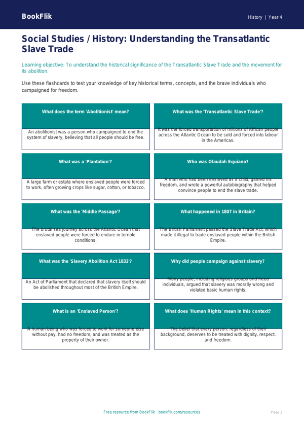 Social Studies / History slavery flashcards class 4 greater depth worksheet preview — History Slavery