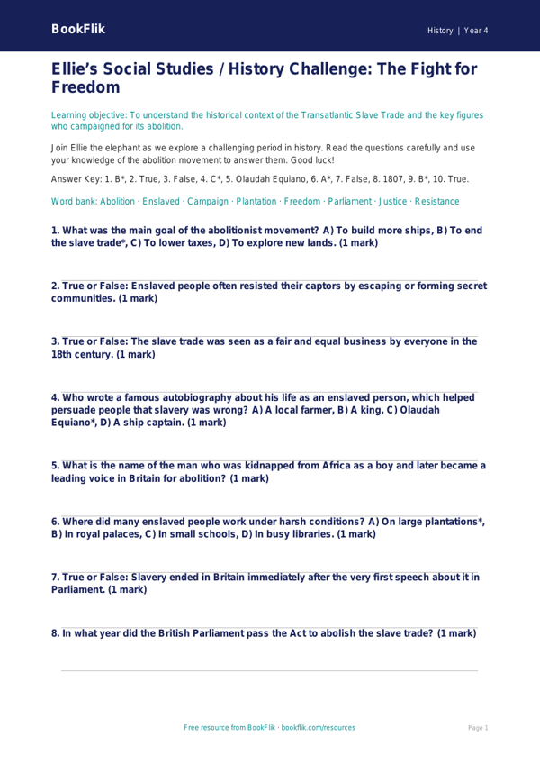 Free Slavery Quiz | Class 4 | Social Studies / History | BookFlik worksheet preview — History Slavery
