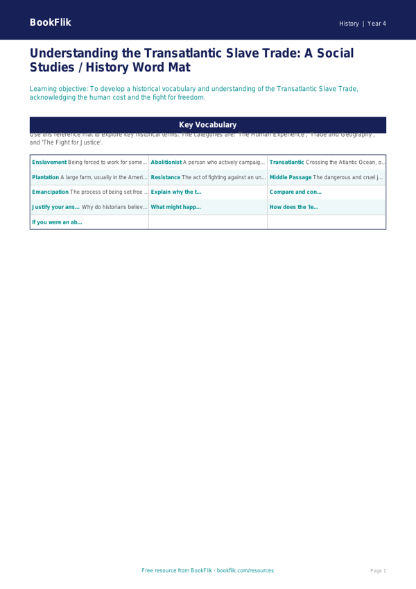 Social Studies / History slavery word mat class 4 greater depth worksheet preview — History Slavery
