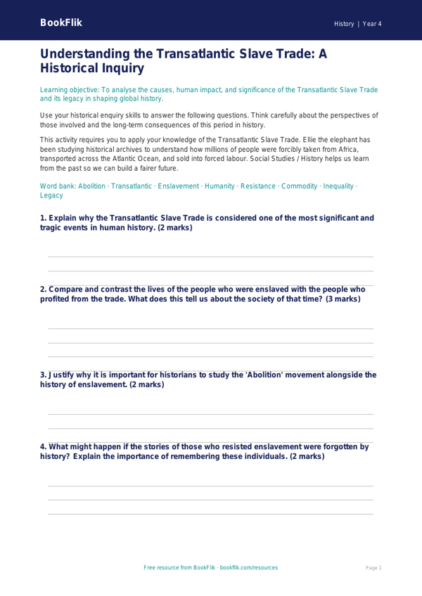 Free Slavery Worksheet | Class 4 | Social Studies / History | BookFlik worksheet preview — History Slavery