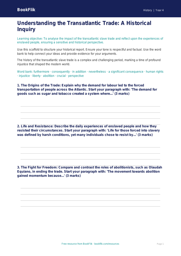 Free Slavery Writing Frame | Class 4 | Social Studies / History | BookFlik worksheet preview — History Slavery