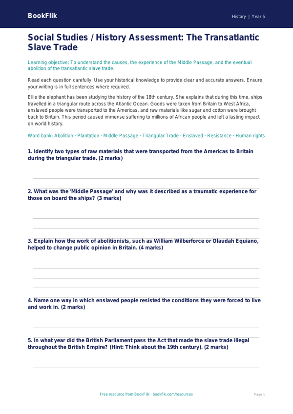 Class 5 History: Understanding Slavery and Human Rights | BookFlik worksheet preview — History Slavery