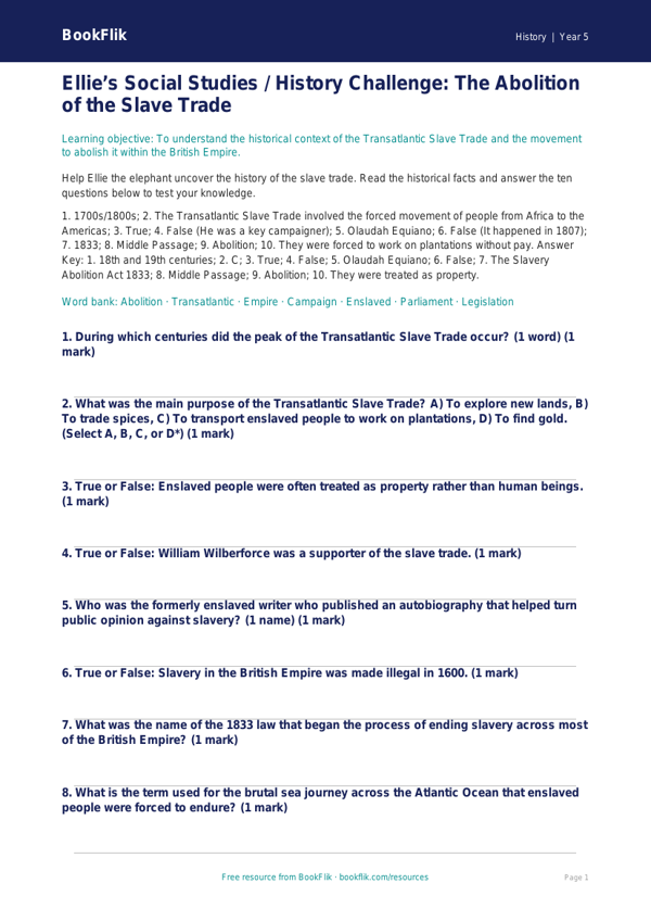 Slavery and Human Rights Quiz for Class 5 | CBSE Social Studies worksheet preview — History Slavery