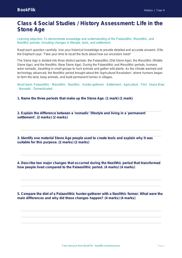 Free Stone Age Assessment | Class 4 | Social Studies / History | BookFlik worksheet preview — History Stone Age