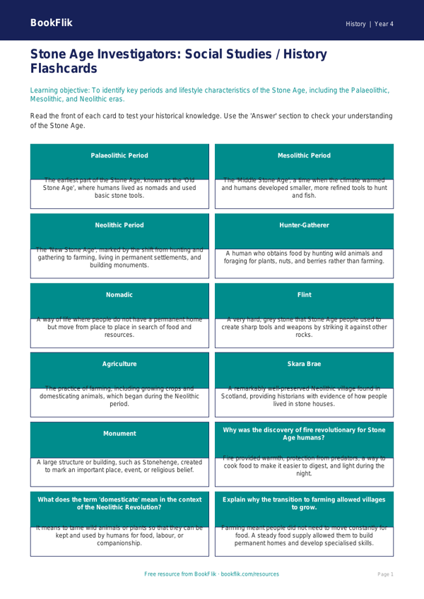 Social Studies / History stone age flashcards class 4 greater depth worksheet preview — History Stone Age
