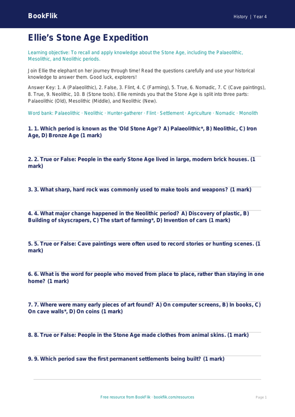 Social Studies / History stone age quiz class 4 greater depth worksheet preview — History Stone Age