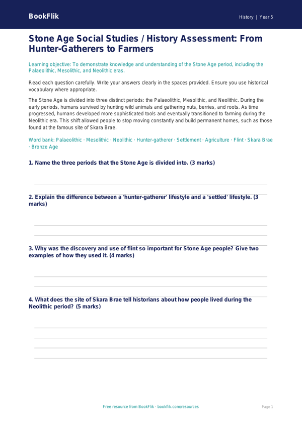 Free Stone Age Assessment | Class 5 | Social Studies / History | BookFlik worksheet preview — History Stone Age