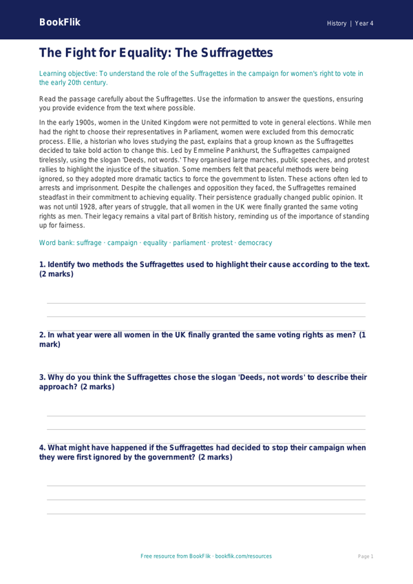 Free Suffragettes Comprehension | Class 4 | Social Studies / History | BookFlik worksheet preview — History Suffragettes