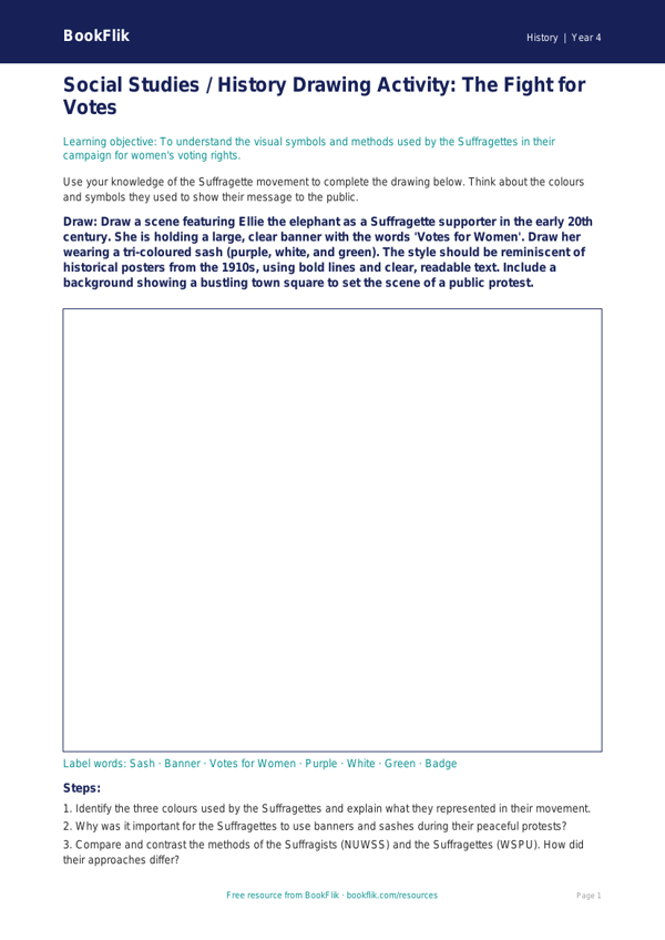 Free Suffragettes Drawing Sheet | Class 4 | Social Studies / History | BookFlik worksheet preview — History Suffragettes