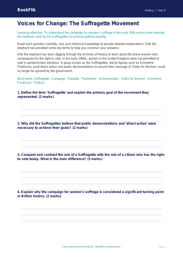 Free Suffragettes Worksheet | Class 4 | Social Studies / History | BookFlik worksheet preview — History Suffragettes