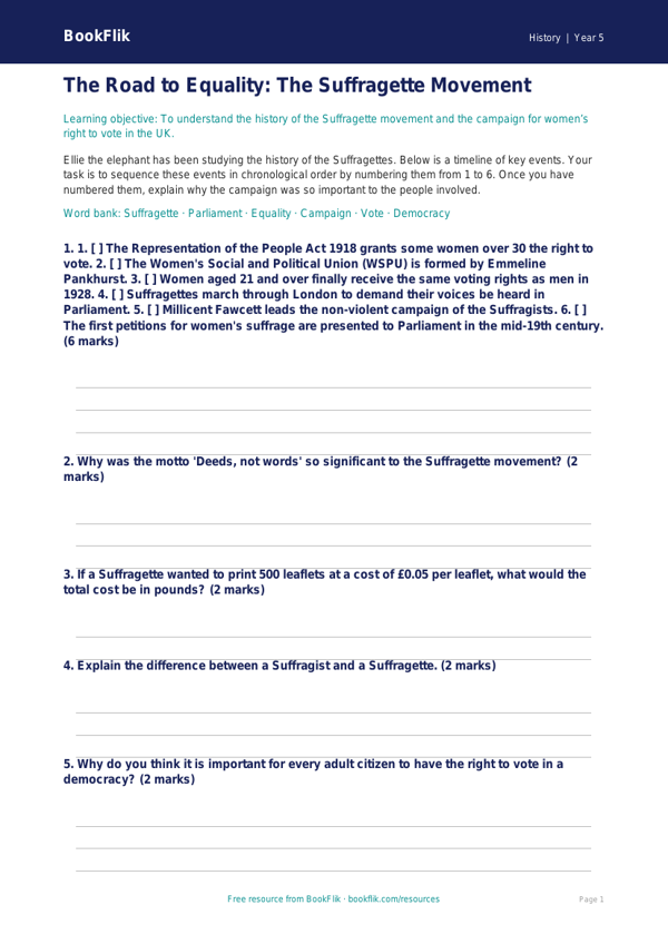 Free Suffragettes Activity Sheet | Class 5 | Social Studies / History | BookFlik worksheet preview — History Suffragettes