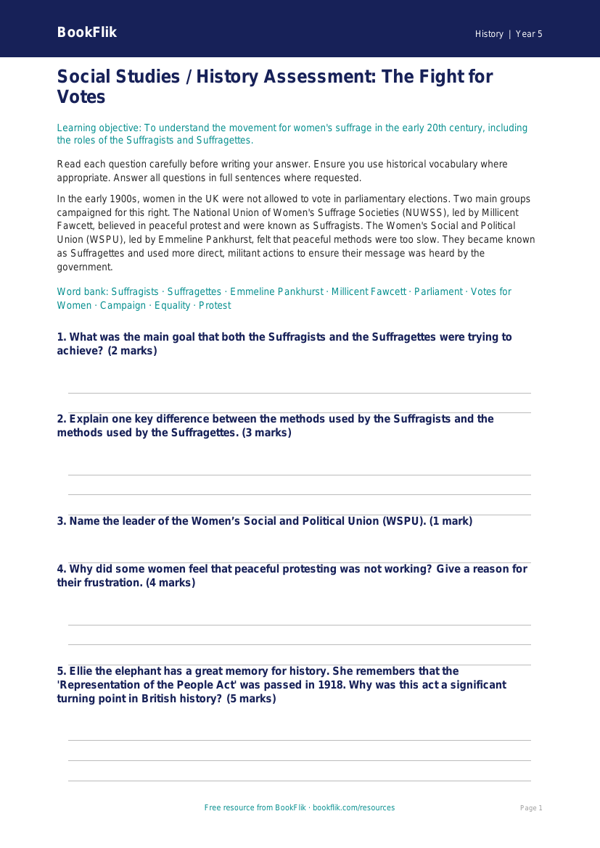 Free Suffragettes Assessment | Class 5 | Social Studies / History | BookFlik worksheet preview — History Suffragettes