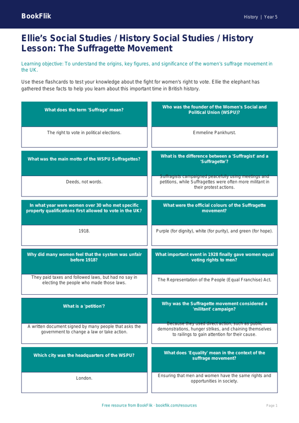 Free Suffragettes Flashcards | Class 5 | Social Studies / History | BookFlik worksheet preview — History Suffragettes