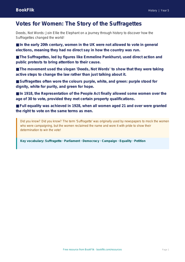Free Suffragettes Poster | Class 5 | Social Studies / History | BookFlik worksheet preview — History Suffragettes