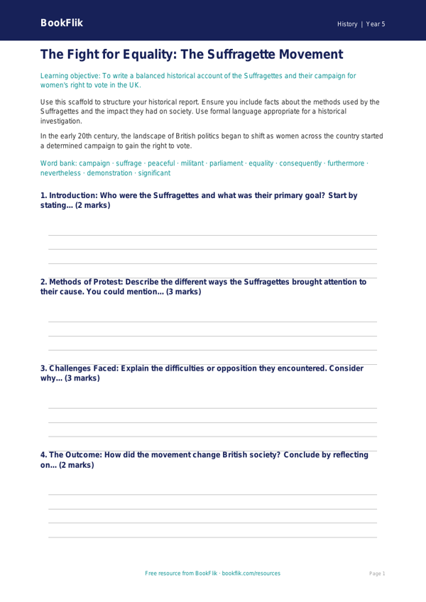 Free Suffragettes Writing Frame | Class 5 | Social Studies / History | BookFlik worksheet preview — History Suffragettes