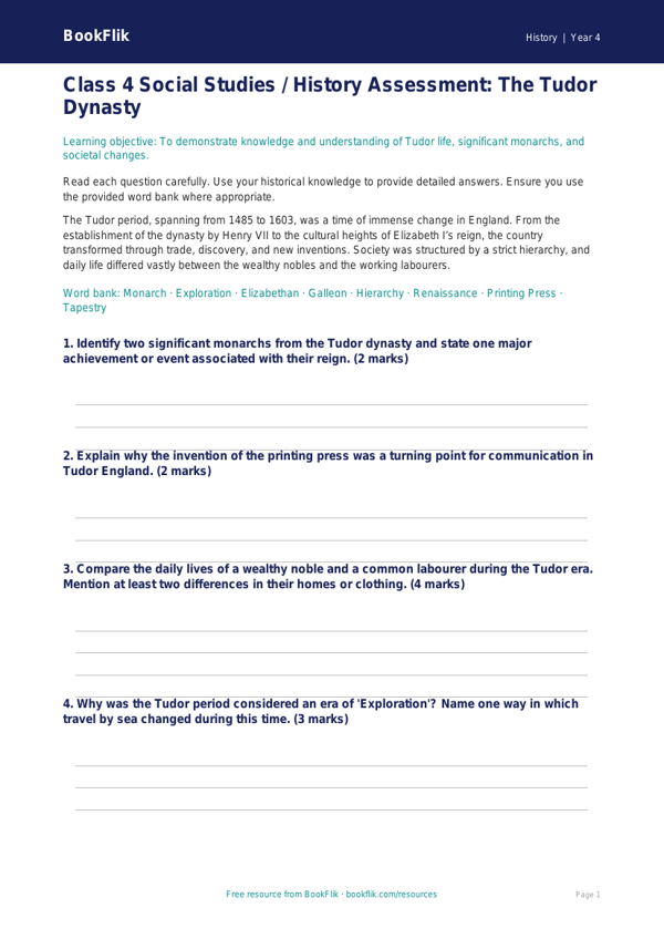 Free Tudors Assessment | Class 4 | Social Studies / History | BookFlik worksheet preview — History Tudors