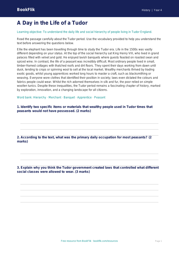 Free Tudors Comprehension | Class 4 | Social Studies / History | BookFlik worksheet preview — History Tudors