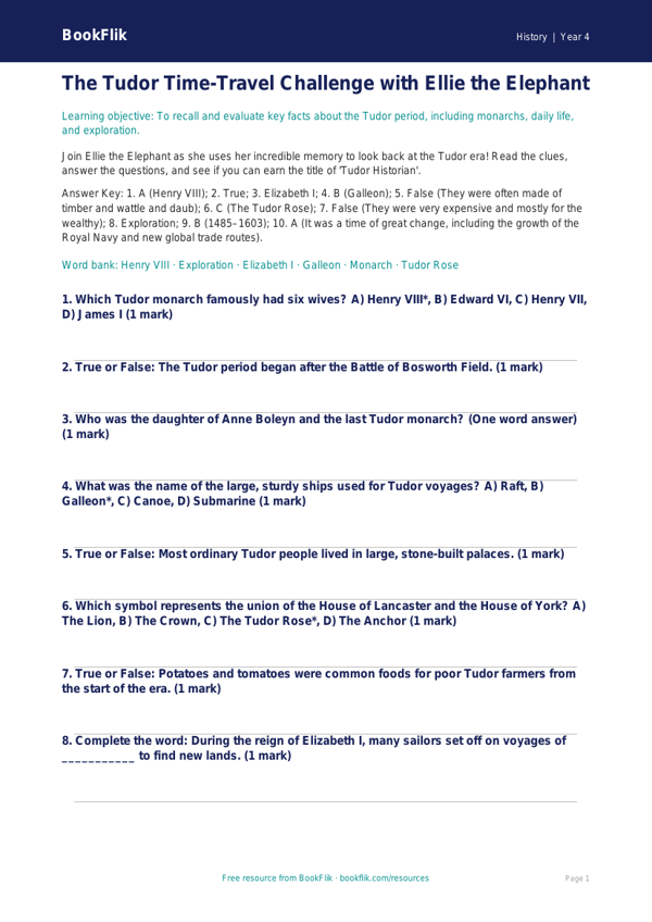 Free Tudors Quiz | Class 4 | Social Studies / History | BookFlik worksheet preview — History Tudors