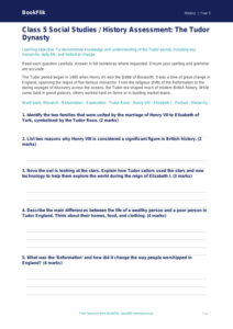 Tudors Assessment for Class 5 | History Worksheet | BookFlik