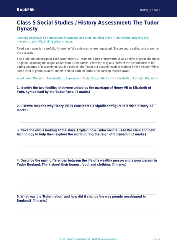 Tudors Assessment for Class 5 | History Worksheet | BookFlik worksheet preview — History Tudors