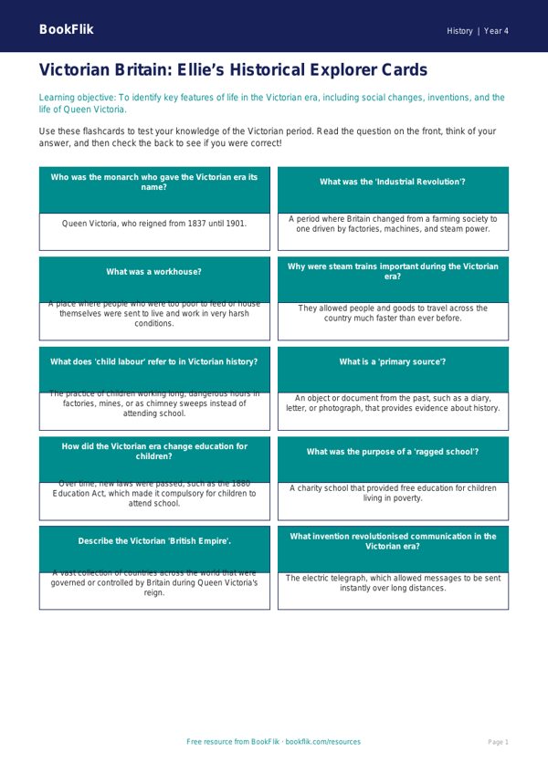 Social Studies / History victorians flashcards class 4 greater depth worksheet preview — History Victorians