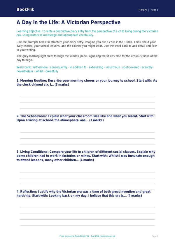 Free Victorian Era Writing Frame | Class 4 | Social Studies | BookFlik worksheet preview — History Victorians