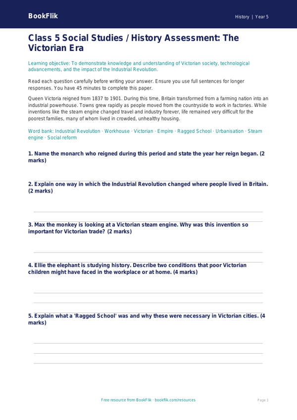 Free Victorians Assessment | Class 5 | Social Studies / History | BookFlik worksheet preview — History Victorians