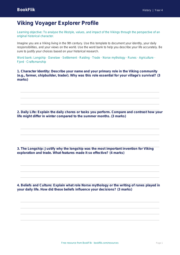 Vikings History Worksheet for Class 4 | CBSE Social Studies | BookFlik worksheet preview — History Vikings