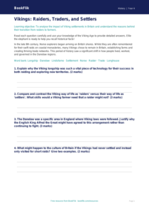 Social Studies / History vikings worksheet class 4 greater depth